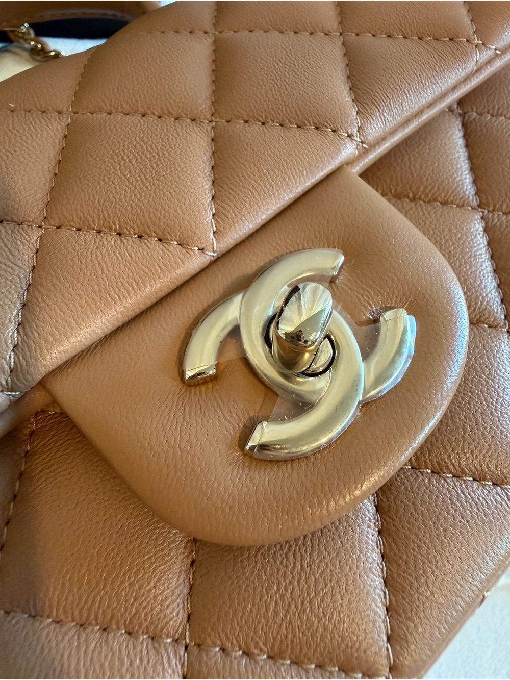 โSOLDโ CHANEL Lambskin Quilted Mini Top Handle Rectangle Flap Beige w/GH - Picture 7 of 10